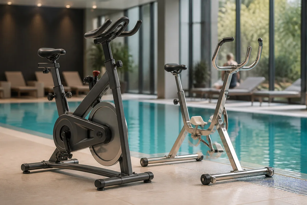 Vélo de salle et vélo aquatique côte à côte au bord d&rsquo;un bassin, ambiance club de fitness