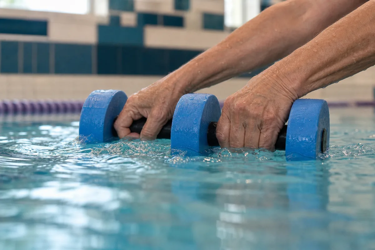 Groupe de seniors pratiquant l&rsquo;aquagym dans le petit bassin d&rsquo;une piscine couverte