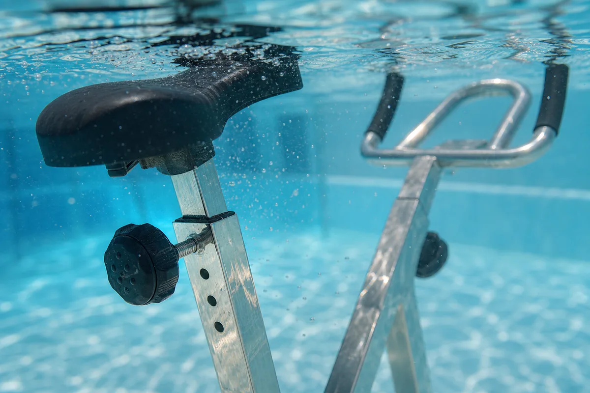 Détail d’une selle et d’un guidon de vélo aquabike immergés, réglage de hauteur visible sous la surface de l’eau